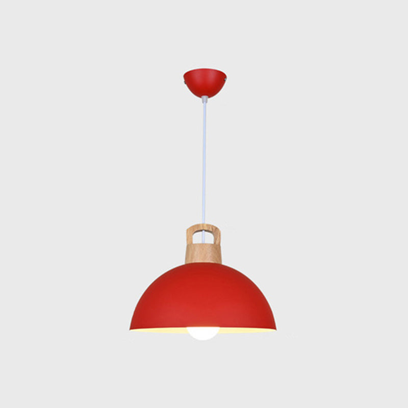 Macaron Style Domed Suspension Lamp Aluminum 1 Head Diner Pendant Light with Wooden Decor