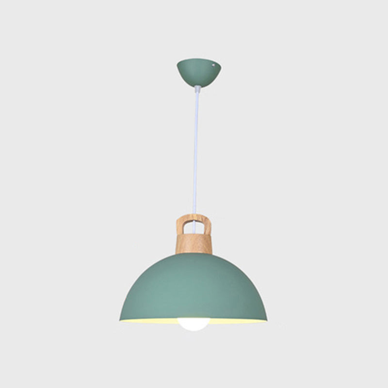 Macaron Style Domed Suspension Lamp Aluminum 1 Head Diner Pendant Light with Wooden Decor