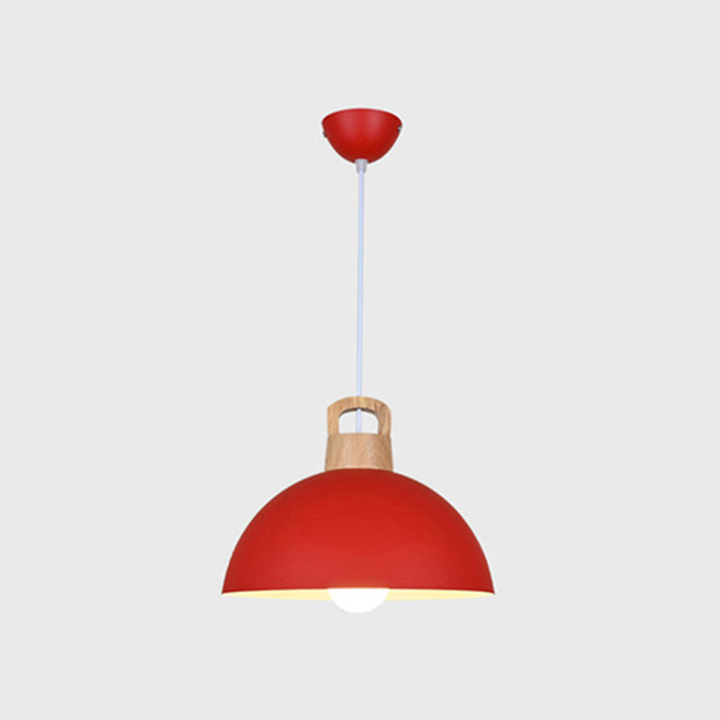Macaron Style Domed Suspension Lamp Aluminum 1 Head Diner Pendant Light with Wooden Decor