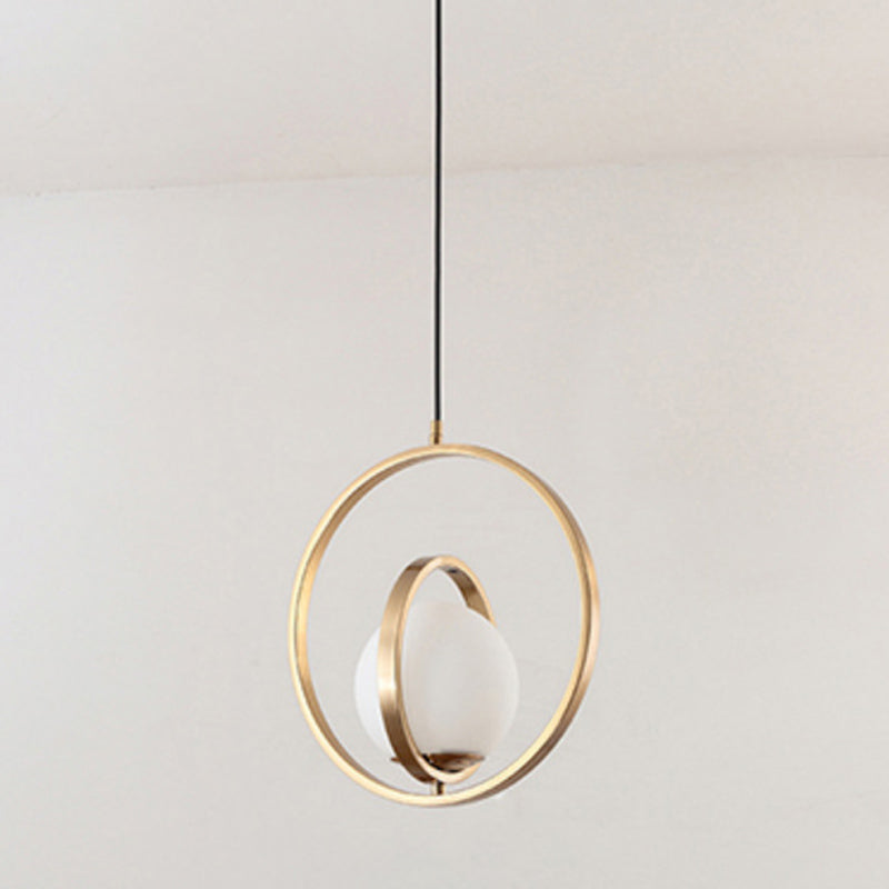 Spherical White Glass Pendant Lamp Postmodern 1 Head Gold Pendulum Light with Metal Rings