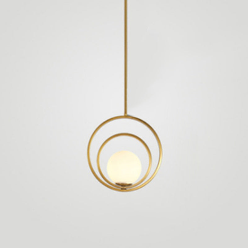 Spherical White Glass Pendant Lamp Postmodern 1 Head Gold Pendulum Light with Metal Rings