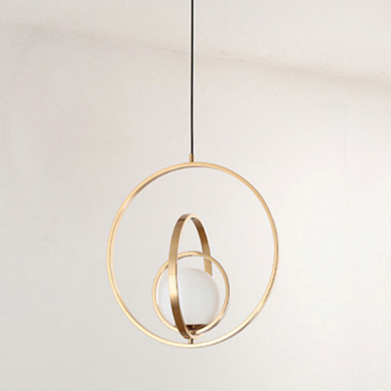 Spherical White Glass Pendant Lamp Postmodern 1 Head Gold Pendulum Light with Metal Rings