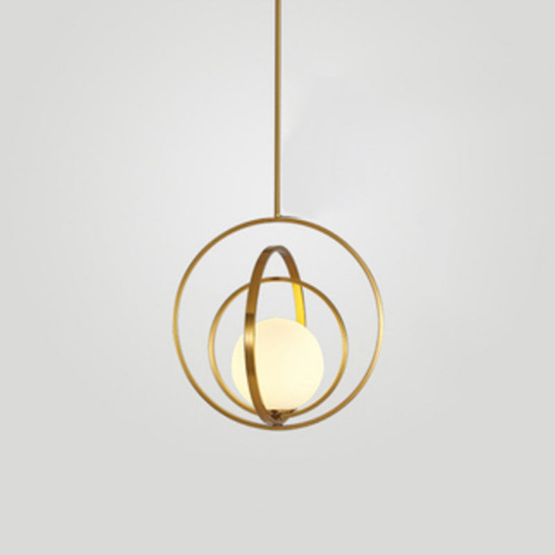 Spherical White Glass Pendant Lamp Postmodern 1 Head Gold Pendulum Light with Metal Rings