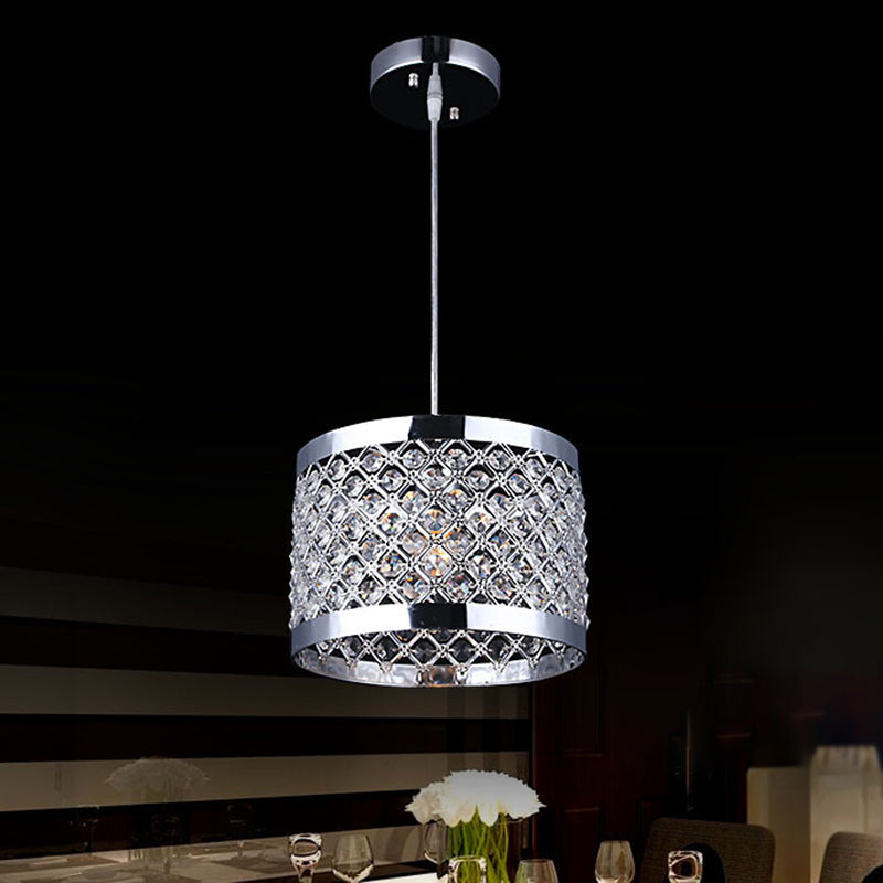 Metal Cylindrical Pendant Lamp Modern Style 1-Light Hanging Light with Crystal Beads