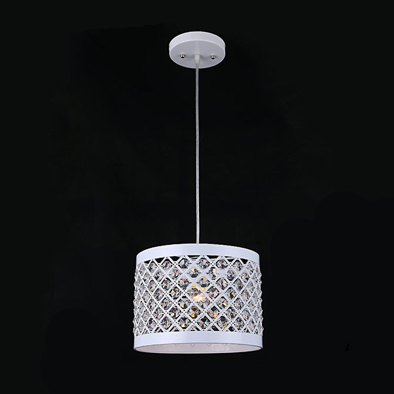 Metal Cylindrical Pendant Lamp Modern Style 1-Light Hanging Light with Crystal Beads