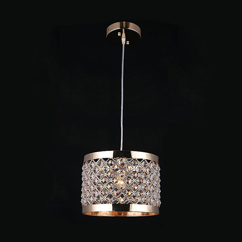 Metal Cylindrical Pendant Lamp Modern Style 1-Light Hanging Light with Crystal Beads