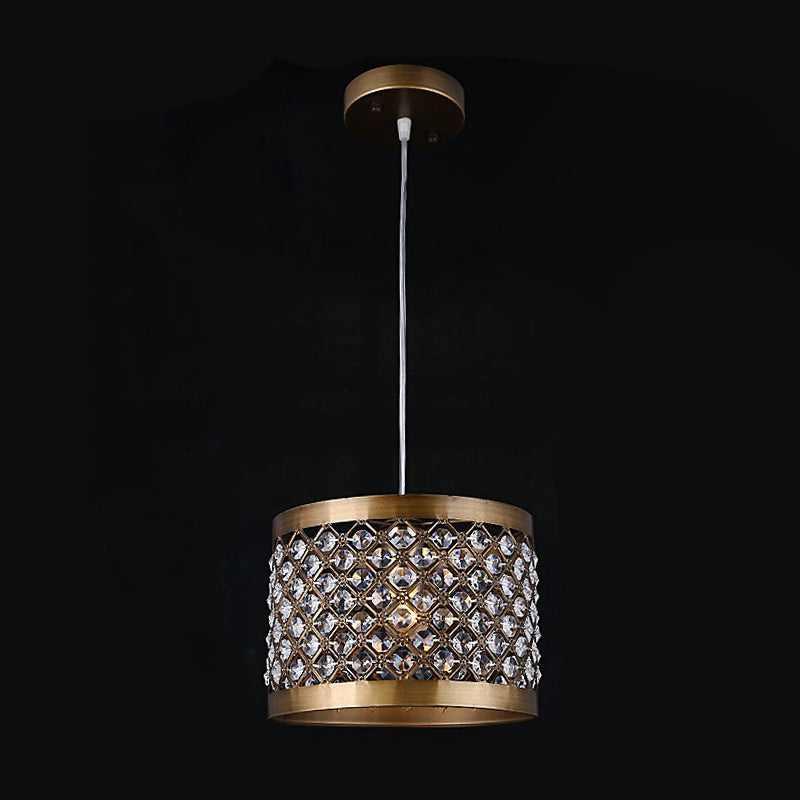 Metal Cylindrical Pendant Lamp Modern Style 1-Light Hanging Light with Crystal Beads