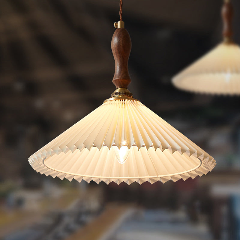 Pleated Fabric Conical Pendant Lamp Minimalist 1-Light Beige Hanging Light for Dining Room