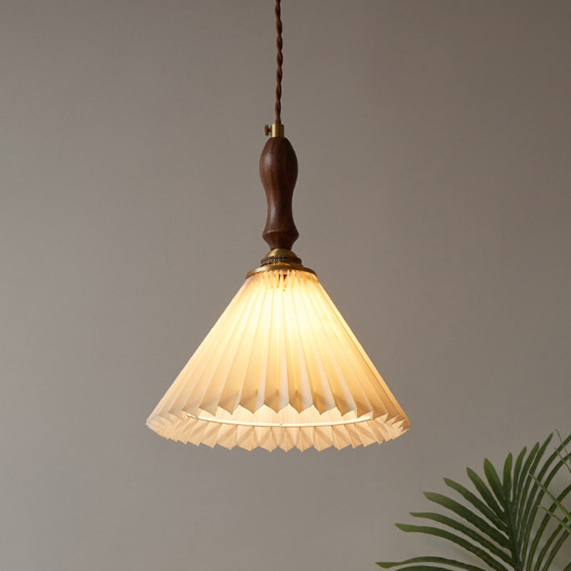 Pleated Fabric Conical Pendant Lamp Minimalist 1-Light Beige Hanging Light for Dining Room