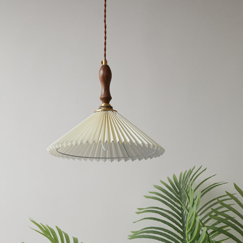 Pleated Fabric Conical Pendant Lamp Minimalist 1-Light Beige Hanging Light for Dining Room
