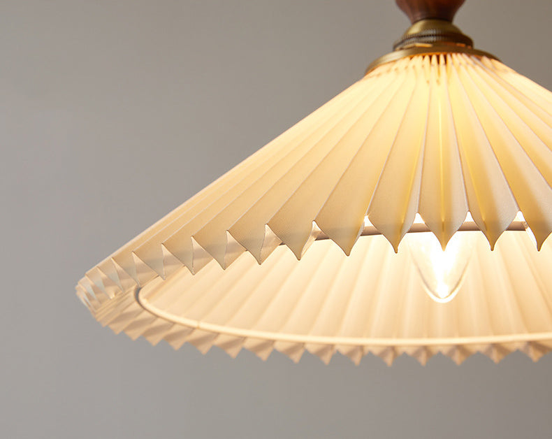 Pleated Fabric Conical Pendant Lamp Minimalist 1-Light Beige Hanging Light for Dining Room