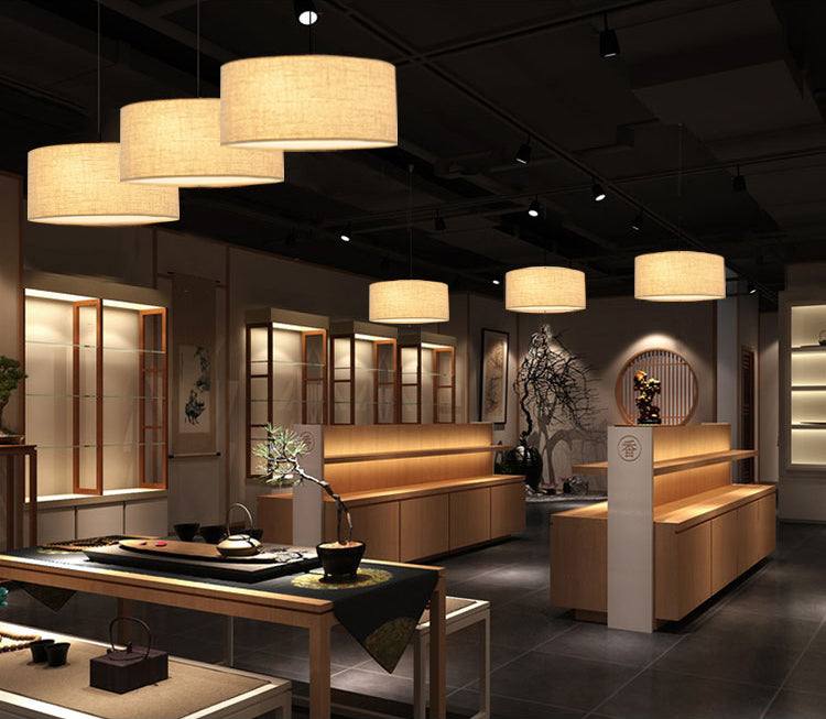 Restaurant Hanging Lamp Fixture Modern Minimalist Pendant Light with Drum Fabric Shade