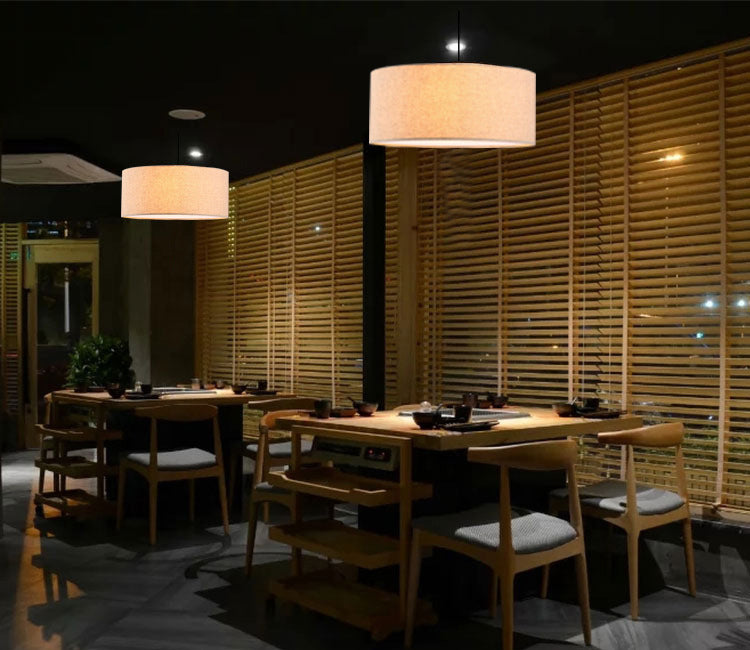 Restaurant Hanging Lamp Fixture Modern Minimalist Pendant Light with Drum Fabric Shade