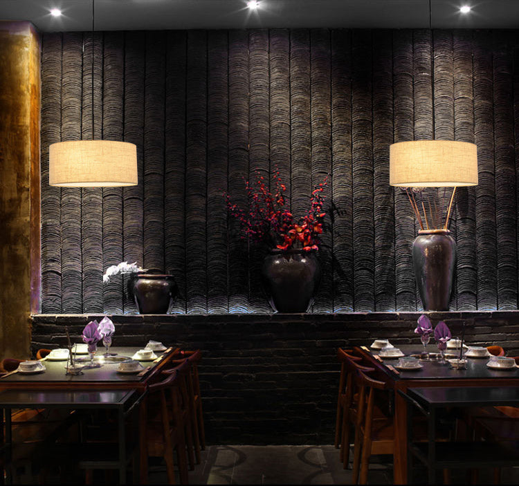 Restaurant Hanging Lamp Fixture Modern Minimalist Pendant Light with Drum Fabric Shade