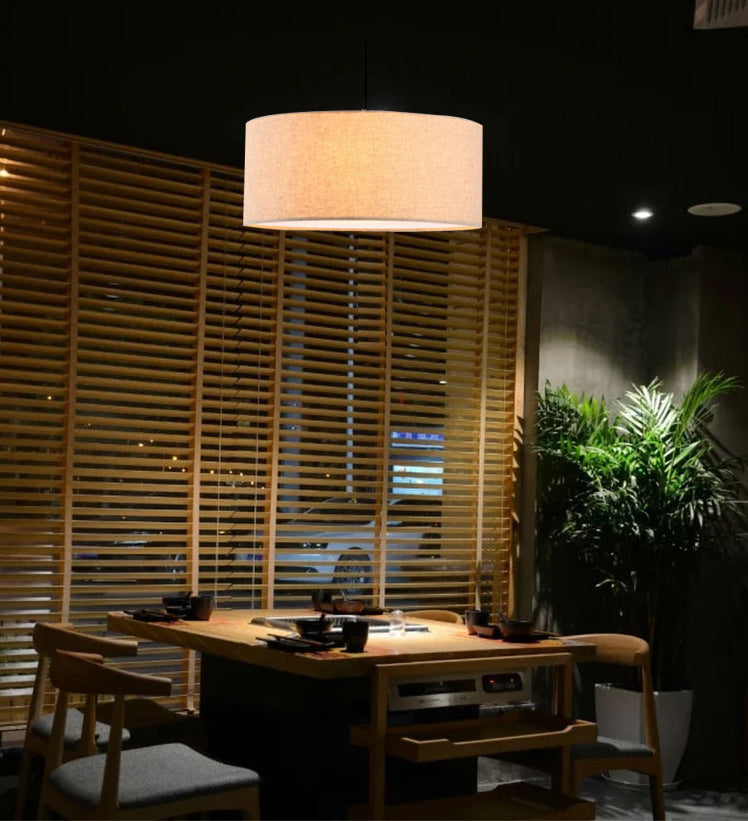 Restaurant Hanging Lamp Fixture Modern Minimalist Pendant Light with Drum Fabric Shade