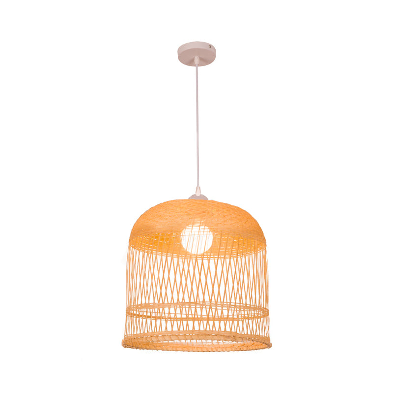 Wood Bell Hanging Lamp Retro 1 Head Bamboo Ceiling Pendant Light for Living Room