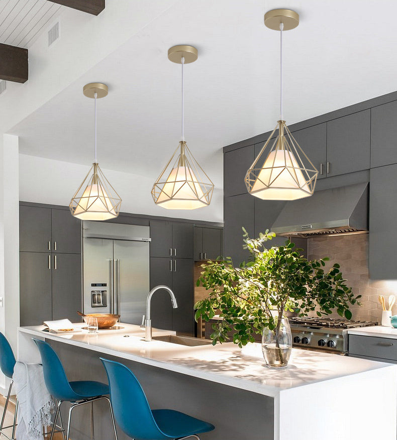 Diamond Pendant Lighting Modern Metal Diner Ceiling Hang Light with Conical Fabric Shade