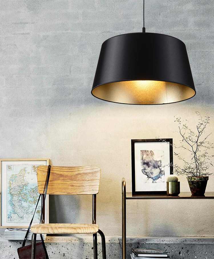 Frustum Hanging Light Simplicity Fabric 1-Light Dining Room Pendant Light in Black and Gold Inner
