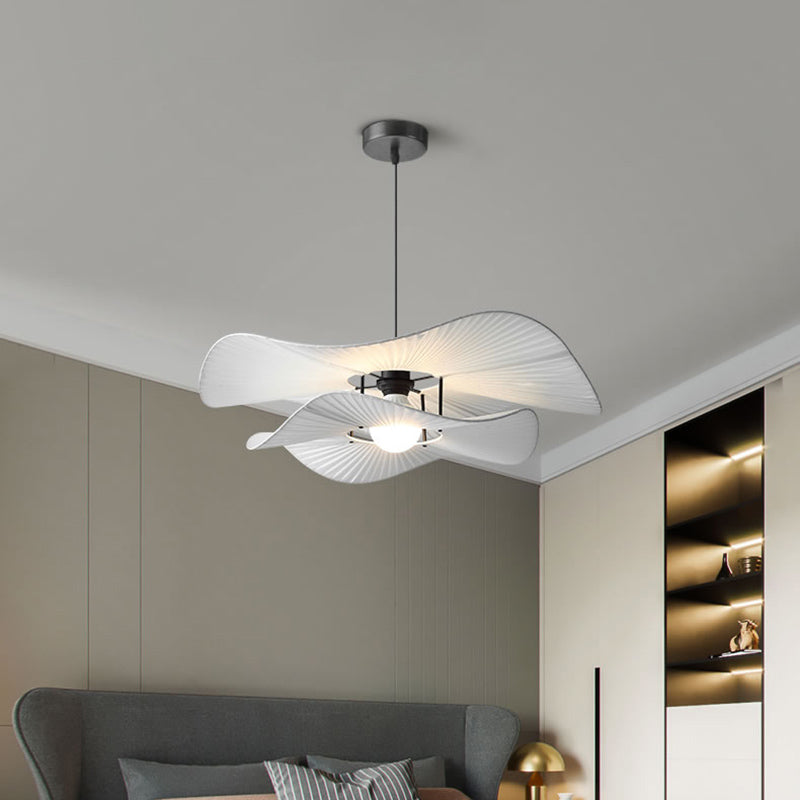 White Ruffled Suspension Lamp Minimalism 1 Bulb Fabric Pendant Light Fixture for Bedroom