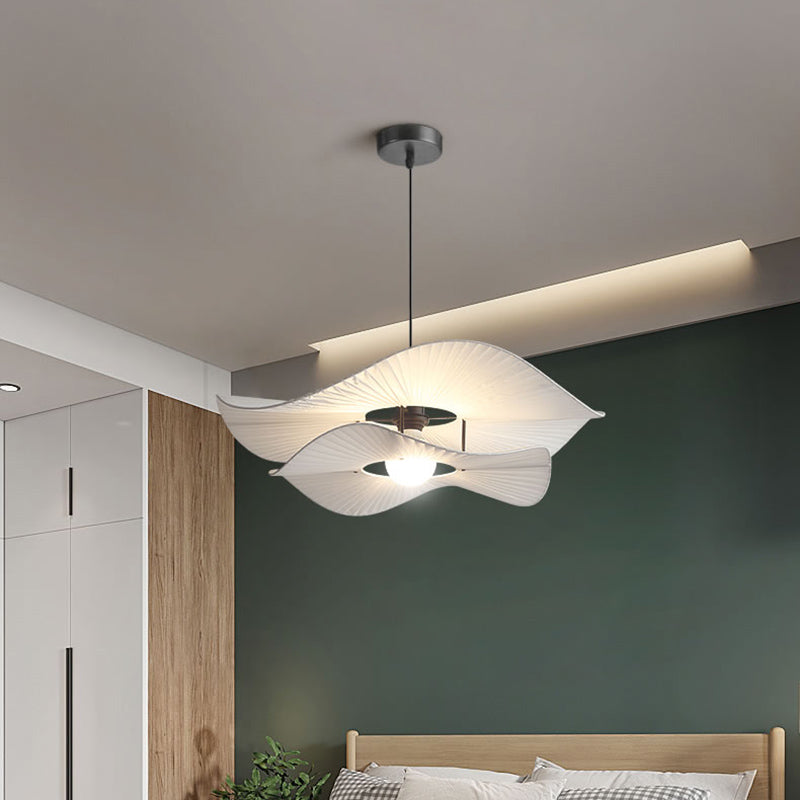 White Ruffled Suspension Lamp Minimalism 1 Bulb Fabric Pendant Light Fixture for Bedroom