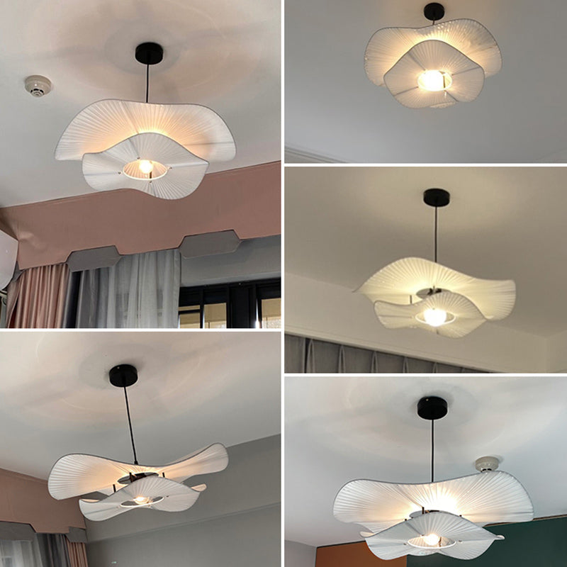 White Ruffled Suspension Lamp Minimalism 1 Bulb Fabric Pendant Light Fixture for Bedroom