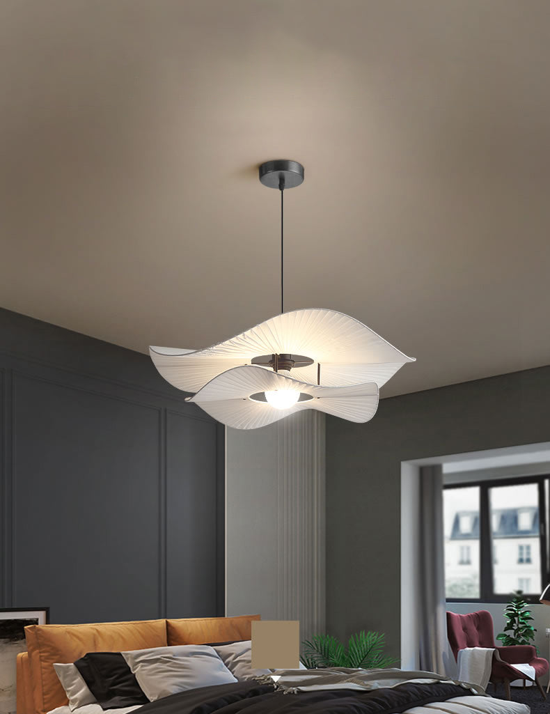 White Ruffled Suspension Lamp Minimalism 1 Bulb Fabric Pendant Light Fixture for Bedroom