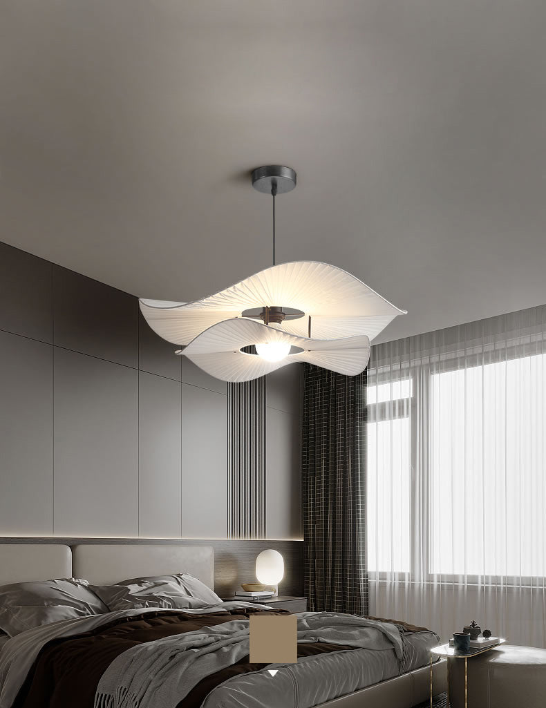 White Ruffled Suspension Lamp Minimalism 1 Bulb Fabric Pendant Light Fixture for Bedroom