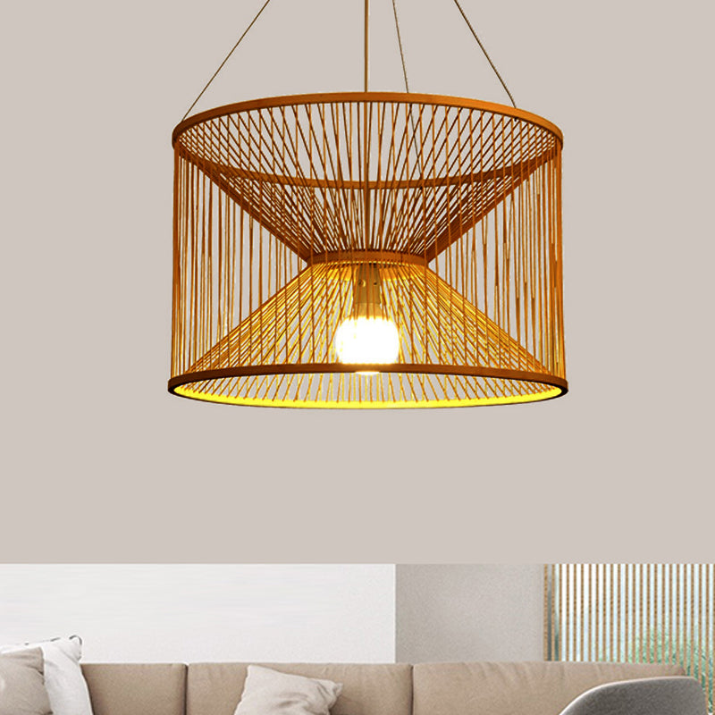 Rustic Hourglass Hanging Light Bamboo 1 Bulb Ceiling Pendant Lamp in Wood for Living Room