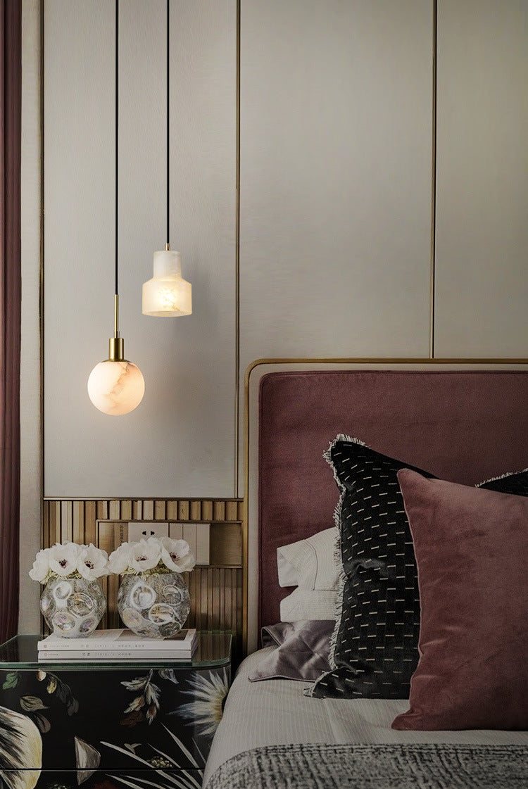 Minimalistic 1-Bulb Drop Pendant White Mini Suspension Lighting with Marble Shade