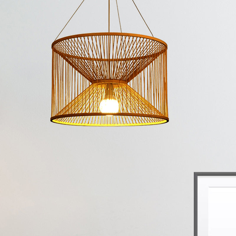 Rustic Hourglass Hanging Light Bamboo 1 Bulb Ceiling Pendant Lamp in Wood for Living Room