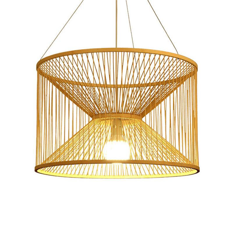 Rustic Hourglass Hanging Light Bamboo 1 Bulb Ceiling Pendant Lamp in Wood for Living Room