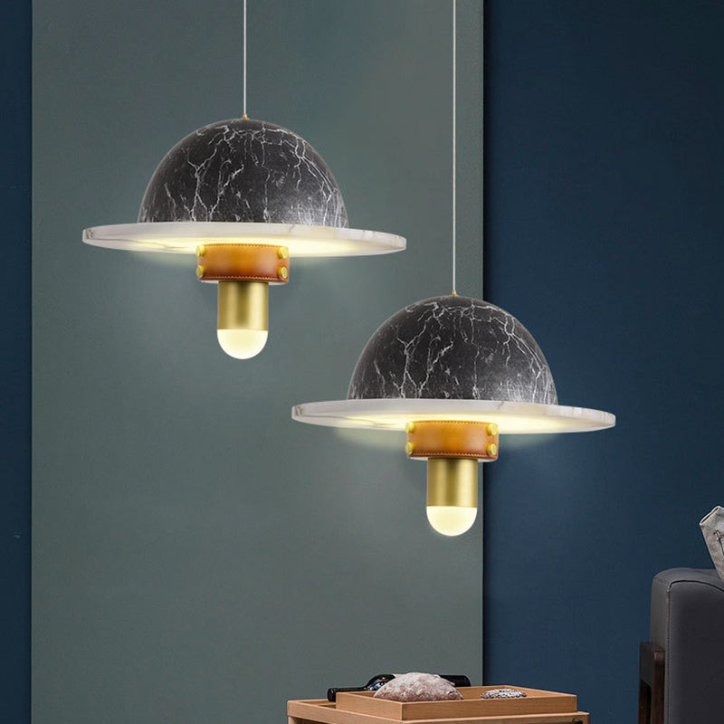 Novelty Postmodern UFO Shaped Pendant Light Marble Bedside LED Hanging Lamp in Gold