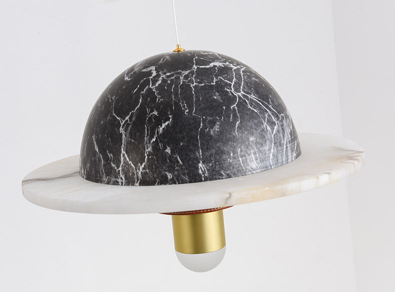 Novelty Postmodern UFO Shaped Pendant Light Marble Bedside LED Hanging Lamp in Gold