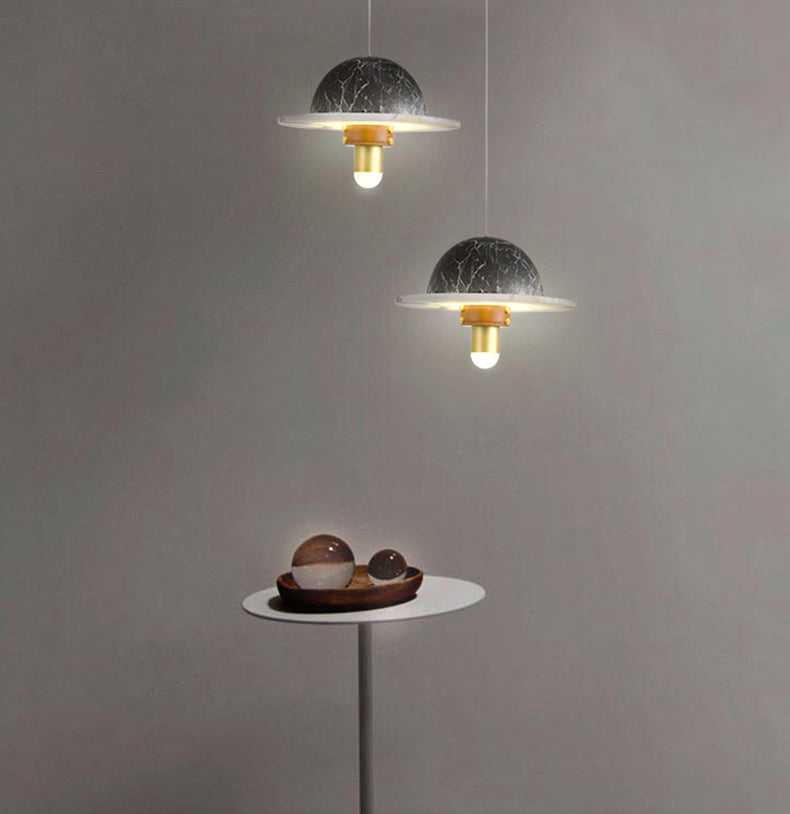 Novelty Postmodern UFO Shaped Pendant Light Marble Bedside LED Hanging Lamp in Gold