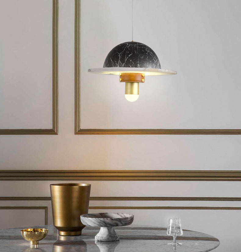 Novelty Postmodern UFO Shaped Pendant Light Marble Bedside LED Hanging Lamp in Gold