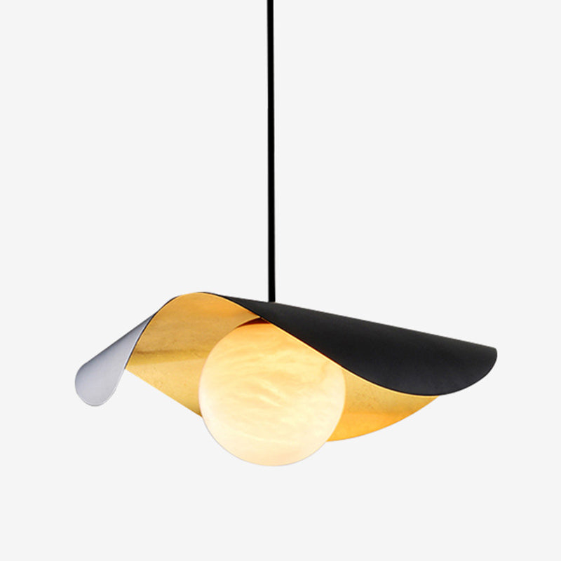 Black and Gold Inner Ruffle Pendant Postmodern 1 Bulb Faux Marble Hanging Light with Ball Glass Shade