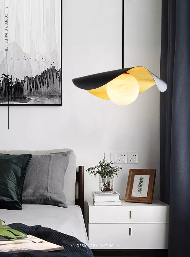 Black and Gold Inner Ruffle Pendant Postmodern 1 Bulb Faux Marble Hanging Light with Ball Glass Shade