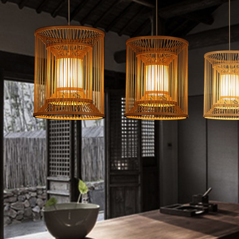 Cylindrical Pendant Lighting Tradition Bamboo 1 Bulb Wood Hanging Lamp Kit for Tearoom