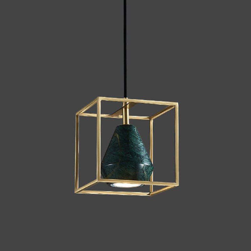 Blackish Green Shade Pendant Light Retro Nordic 1-Light Marble Hanging Light with Gold Cage