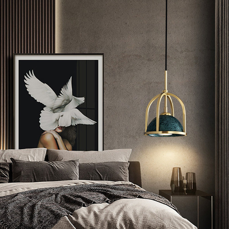 Blackish Green Shade Pendant Light Retro Nordic 1-Light Marble Hanging Light with Gold Cage