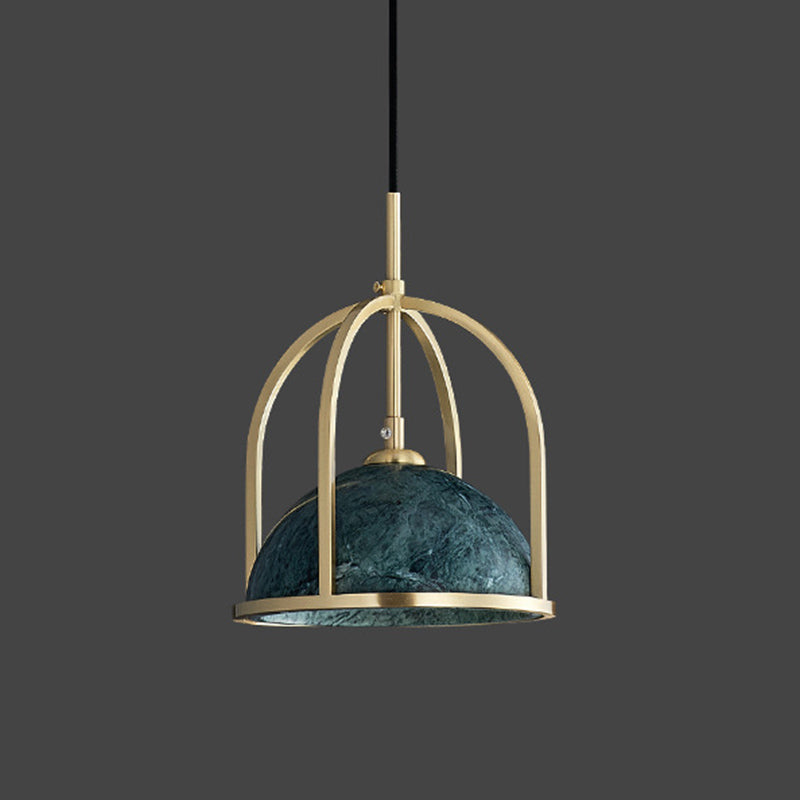 Blackish Green Shade Pendant Light Retro Nordic 1-Light Marble Hanging Light with Gold Cage