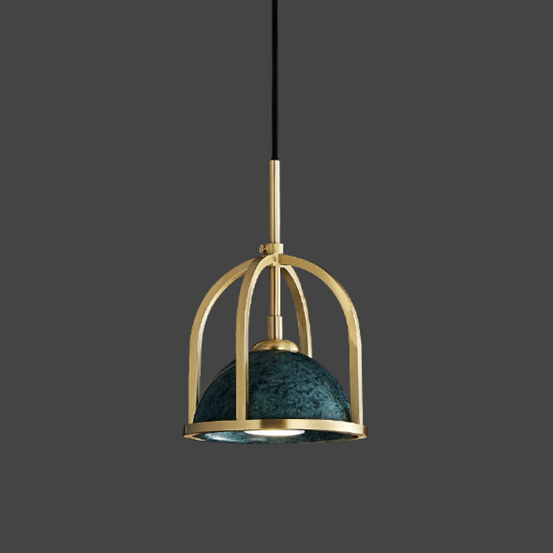 Blackish Green Shade Pendant Light Retro Nordic 1-Light Marble Hanging Light with Gold Cage