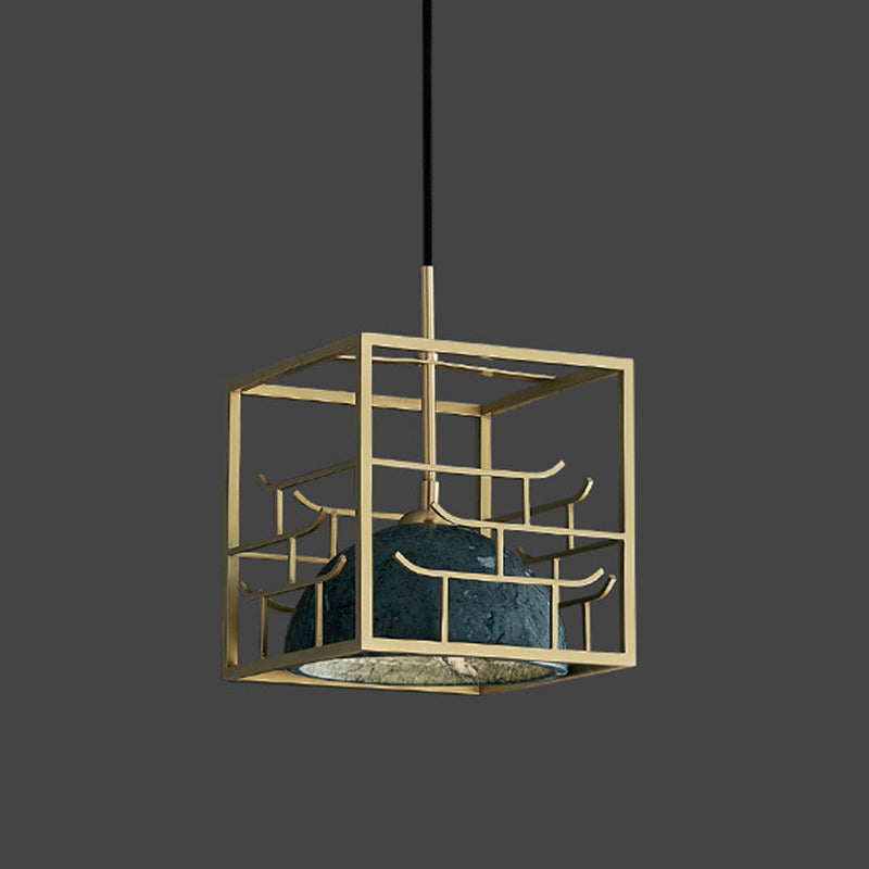 Blackish Green Shade Pendant Light Retro Nordic 1-Light Marble Hanging Light with Gold Cage