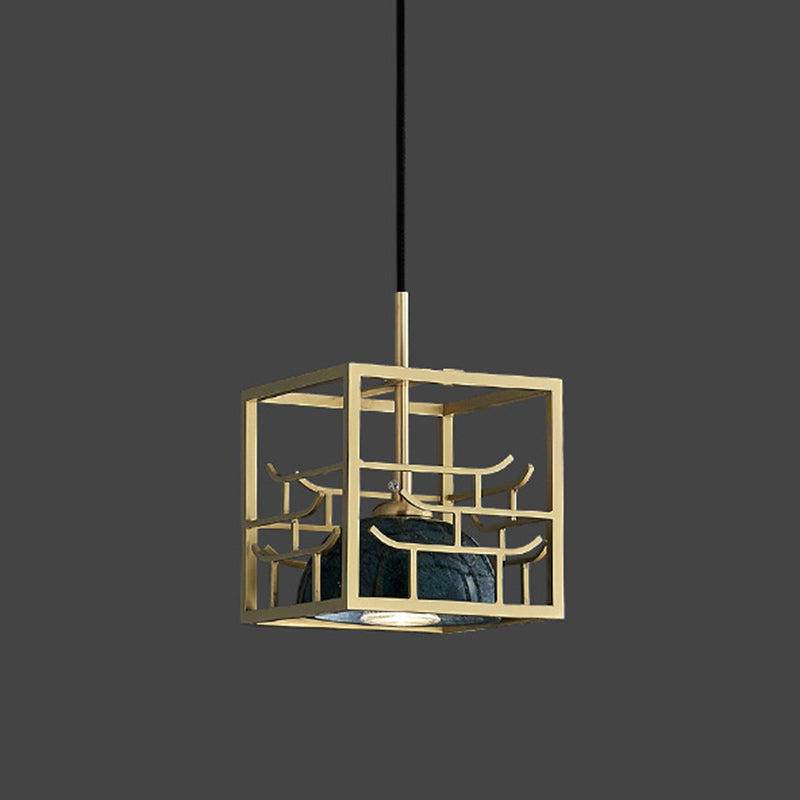 Blackish Green Shade Pendant Light Retro Nordic 1-Light Marble Hanging Light with Gold Cage