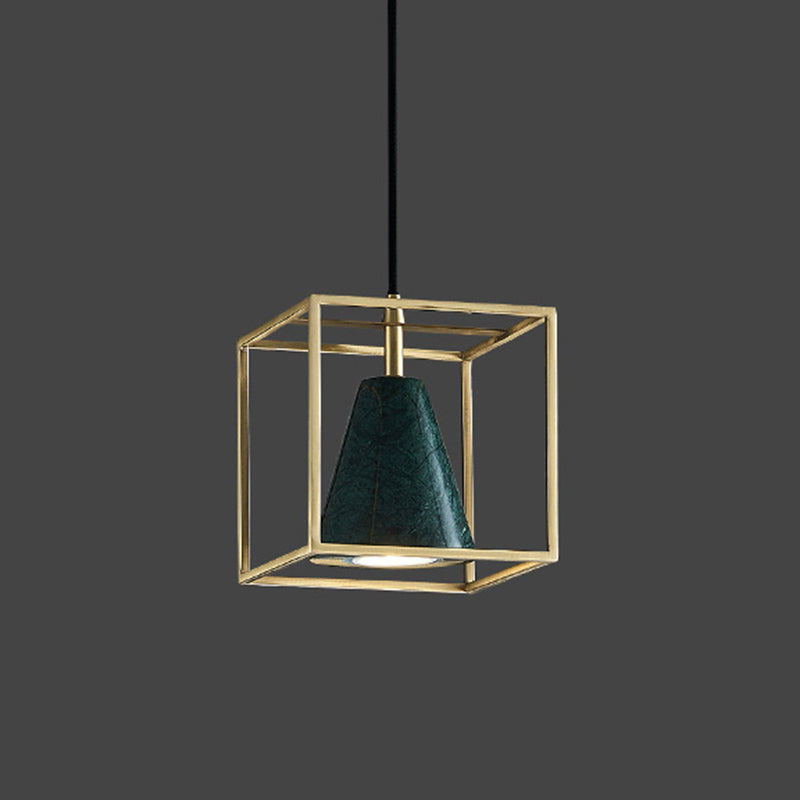 Blackish Green Shade Pendant Light Retro Nordic 1-Light Marble Hanging Light with Gold Cage
