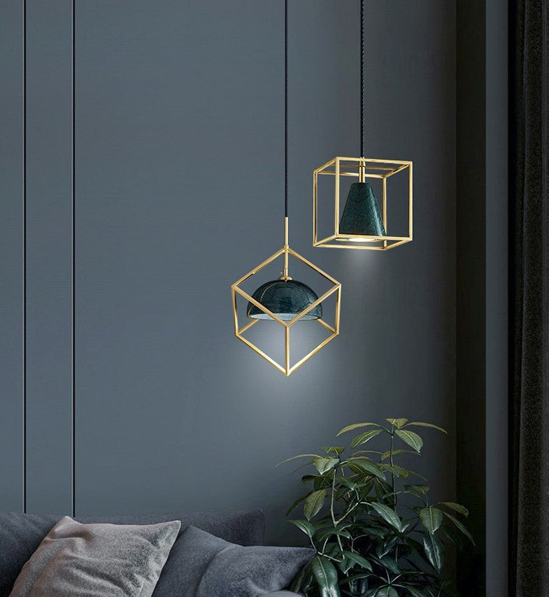 Blackish Green Shade Pendant Light Retro Nordic 1-Light Marble Hanging Light with Gold Cage