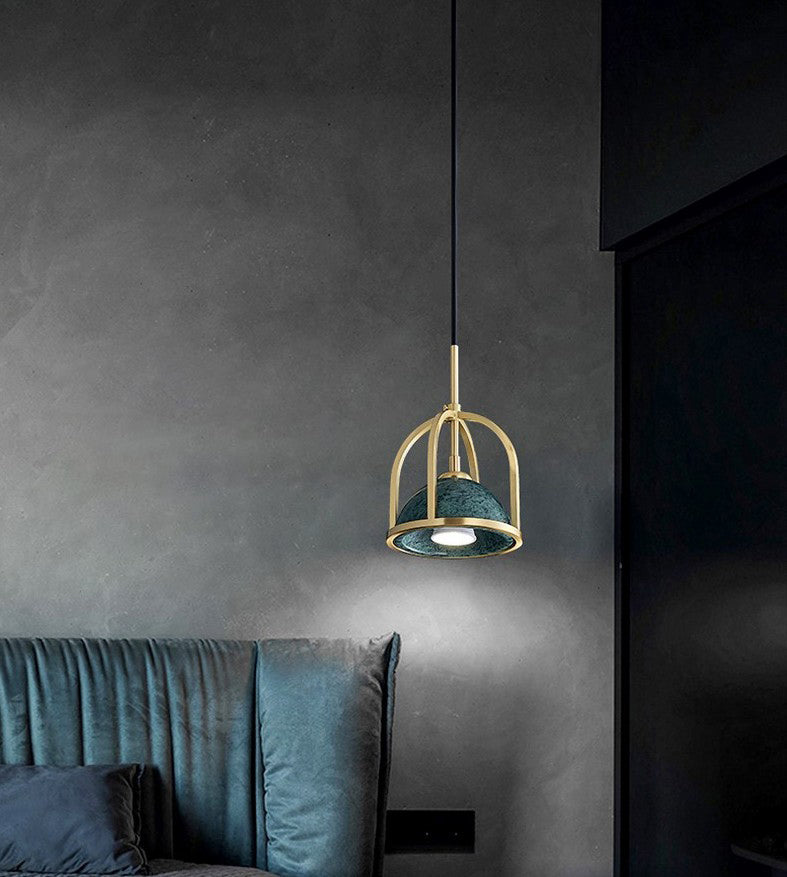 Blackish Green Shade Pendant Light Retro Nordic 1-Light Marble Hanging Light with Gold Cage