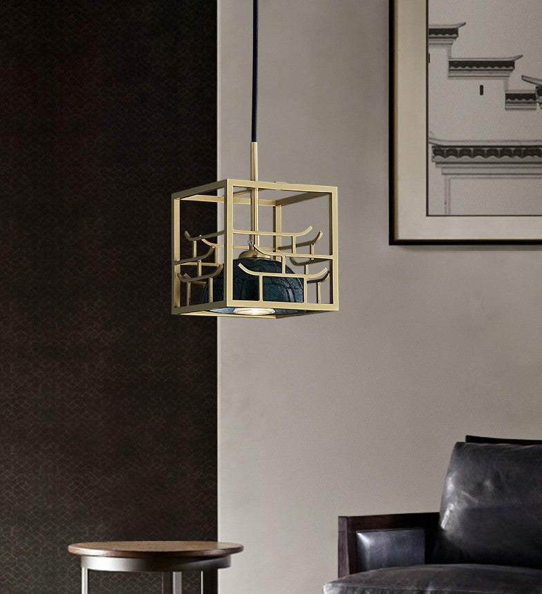 Blackish Green Shade Pendant Light Retro Nordic 1-Light Marble Hanging Light with Gold Cage