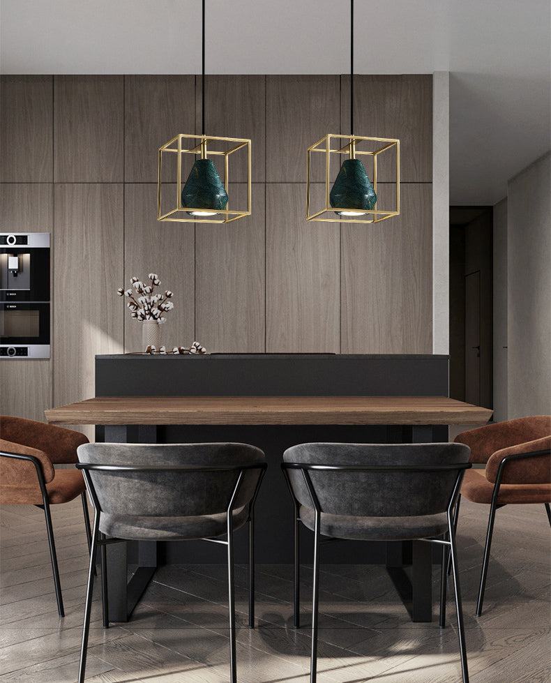 Blackish Green Shade Pendant Light Retro Nordic 1-Light Marble Hanging Light with Gold Cage