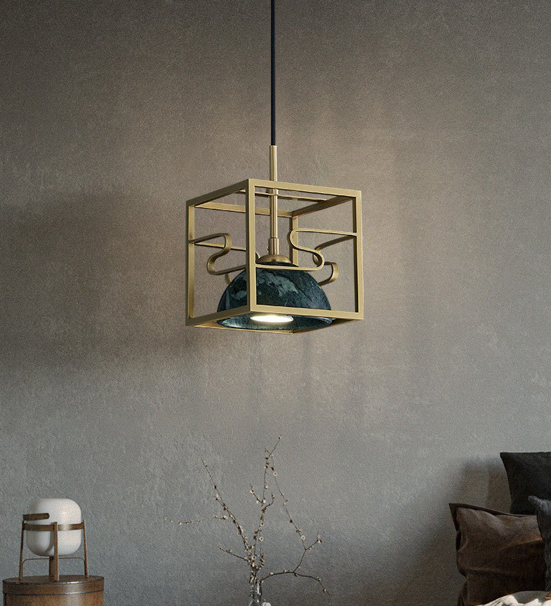 Blackish Green Shade Pendant Light Retro Nordic 1-Light Marble Hanging Light with Gold Cage